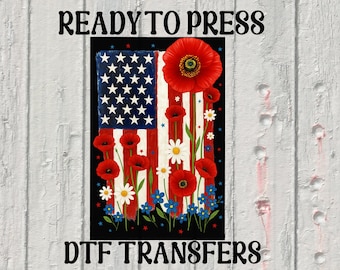 Floral American Flag 4th of July Dtf, American Flag Floral Heat to Press, Patriotic Wildflower USA Iron On Transfer,Poppy And Daisy Flag Dtf
