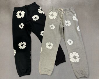 Denim Tears The Cotton Wreath Sweatpants Black Gray - Sweatpants - Unisex Man Women - Designer - Floral Print Pants - Puff Print - Sweats