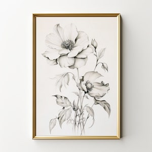 Vintage Floral Art Print | Monochrome Flower Illustration | Minimalist Floral Art | Digital Download | PRINTABLE