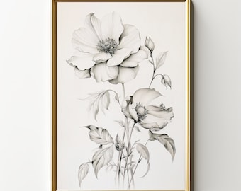 Vintage Floral Art Print | Monochrome Flower Illustration | Minimalist Floral Art | Digital Download | PRINTABLE