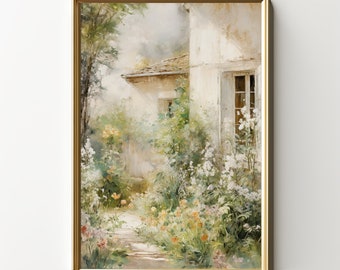 Spring Cottage Landscape | French Garden Painting | Botanical Wall Art | Country Art Print | Vintage Decor | Digital Download | PRINTABLE