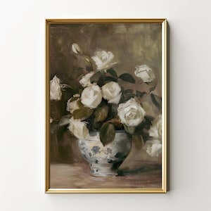 White Roses Ceramic Vase | Neutral Still Life Flower Painting | Vintage Botanical Print | Farmhouse Decor | Digital Download | PRINTABLE