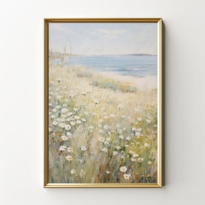 Summer Wildflowers | Beach Landscape | Coastal Artwork | Vintage Oil Painting | Wild Daisy Flowers  | Digital Download | PRINTABLE