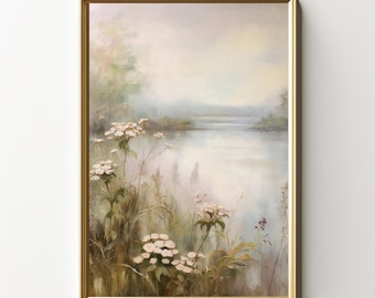 May include: A painting of a misty lake scene with white flowers in the foreground. The water is a light blue and the sky is a soft pink and white. The flowers are delicate and have a soft, dreamy feel.