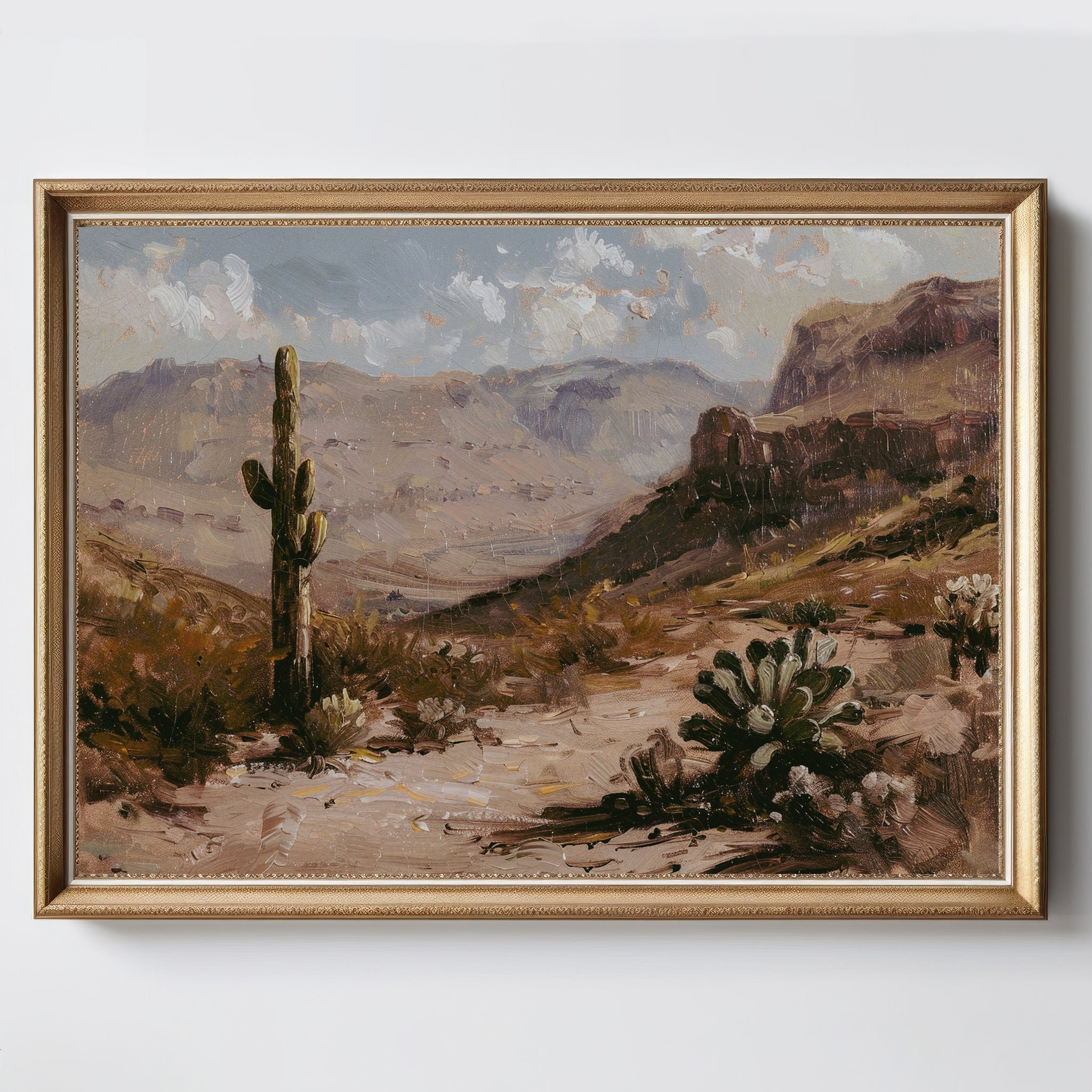 Cactus Desert Landscape | Vintage Oil Painting | Rustic Country Wall ...