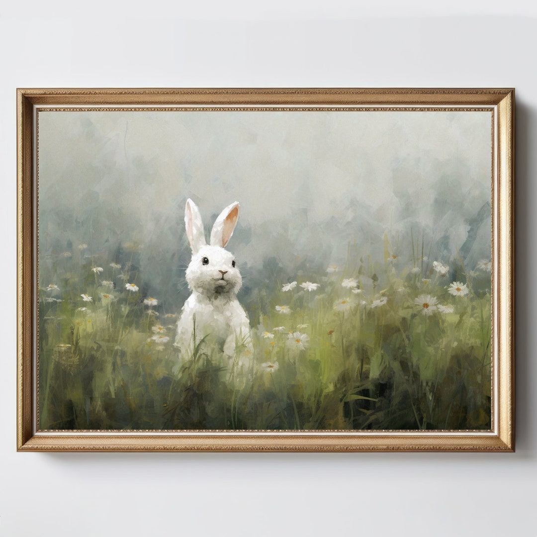 Spring Paintings Rabbit Bunny in Field | Easter Wall Art | Spring Decor | Wildflowers Painting ...