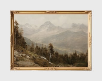 Moody Rustic Landscape | Vintage Forest Painting | Misty Mountainscape Print | Digital Download | PRINTABLE