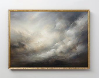 Peut inclure: Une peinture encadrée représentant un paysage marin avec un ciel orageux. Le ciel est un mélange de nuages gris foncé et blancs, avec une lumière vive qui brille à travers les nuages. La mer est d'un bleu foncé, avec des vagues blanches qui se brisent sur le rivage.