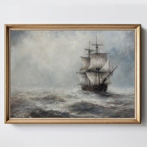 Ship Ocean Landscape | Vintage Wall Art | Maritime Seascape Decor | Muted Antique Oil Painting | Digital Download | PRINTABLE