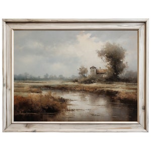 Rustic Country House | Farmhouse Wall Decor | Vintage River Landscape | Antique Oil Painting | Digital Download | PRINTABLE