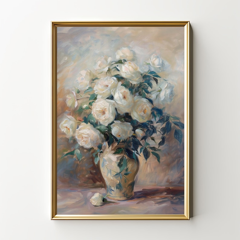 Still Life White Roses | Floral Wall Art | Vintage Oil Painting ...