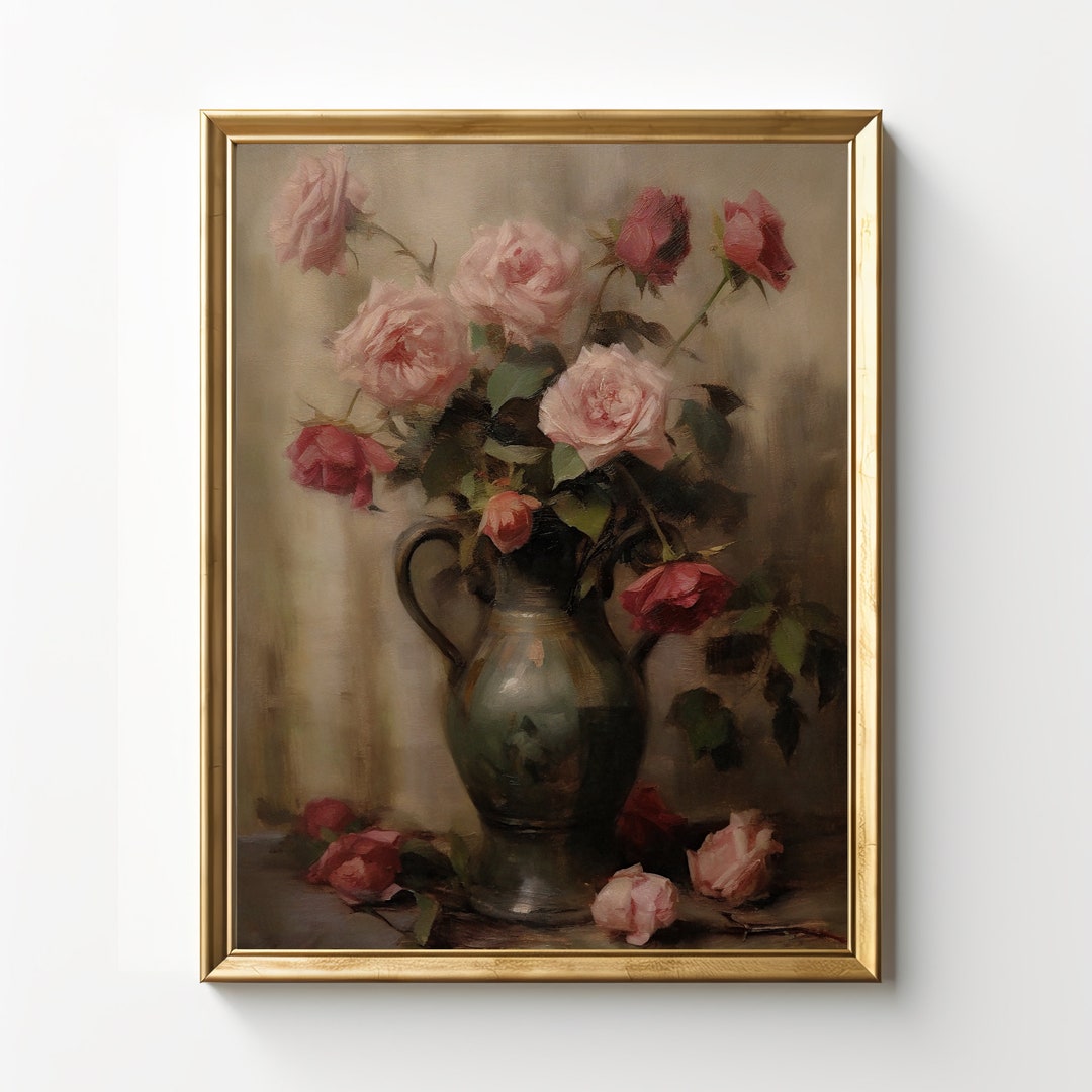 Roses in Vase Still Life | Flowers Oil Painting | Botanical Wall Decor ...