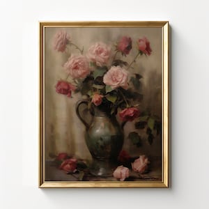 Roses In Vase Still Life | Flowers Oil Painting | Botanical Wall Decor | Vintage Print | Digital Download | PRINTABLE