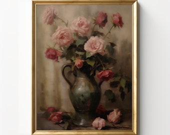 Nature morte de roses dans un vase | Peinture à l'huile de fleurs | Décoration murale botanique | impression vintage | Téléchargement numérique | IMPRIMABLE