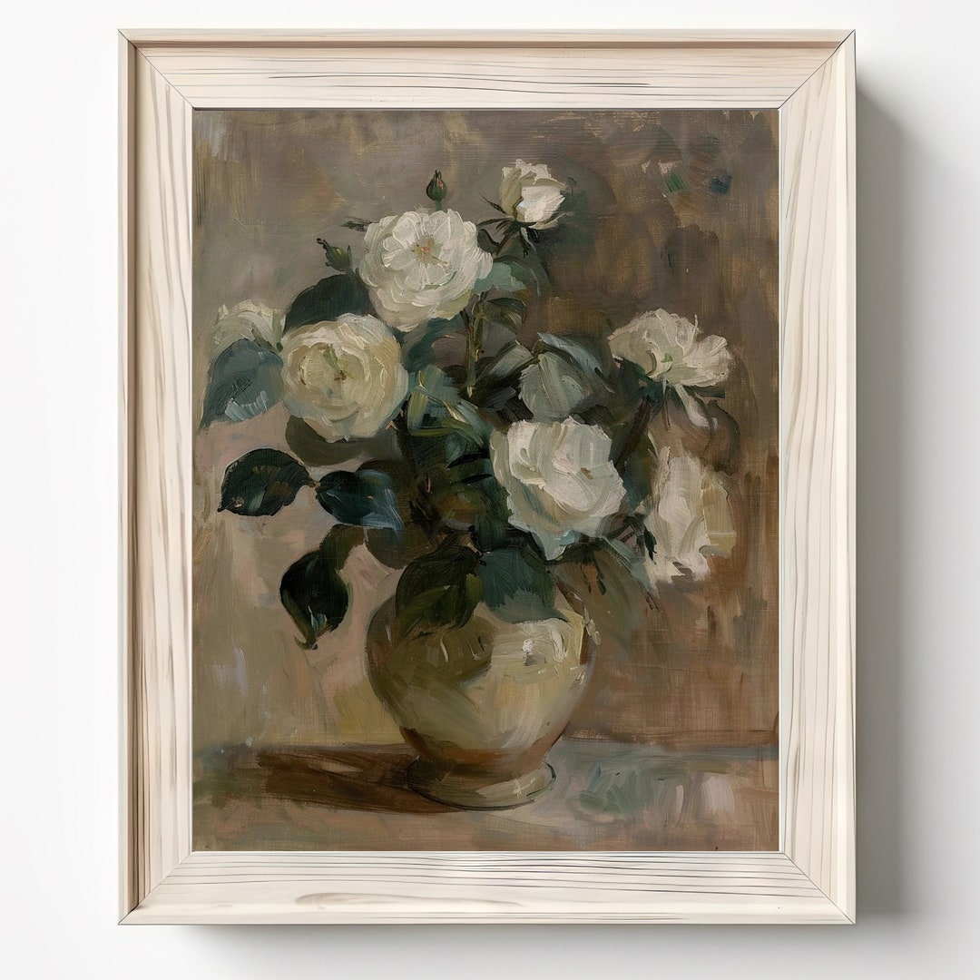 Flower Still Life | Vintage Roses Vase Painting | Neutral Farmhouse ...