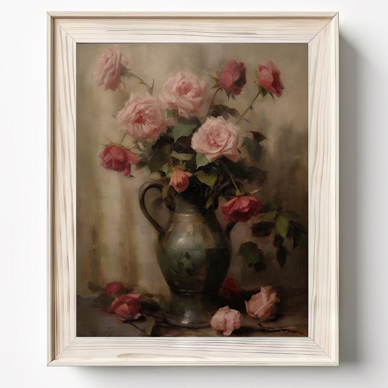Roses in Vase Still Life | Flowers Oil Painting | Botanical Wall Decor ...