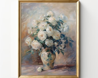 Still Life White Roses | Floral Wall Art | Vintage Oil Painting | French Decor | Antique Flower Print | Digital Download | PRINTABLE