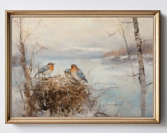 Vögel im Nest | Winterlandschaft | Vintage Ölgemälde | Rustikale Wohnkultur | Vintage Vogel Wandkunst | Digitaler Download | DRUCKBAR