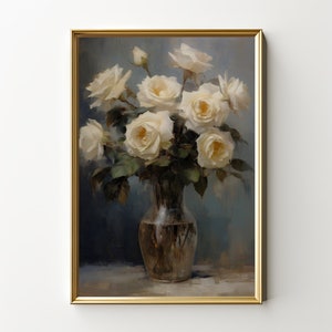 Boeket Witte Rozen Stilleven | Bloemenolieverfschilderij | Botanische kamerdecoratie | Bloem kunst aan de muur | Digitale download | AFDRUKBAAR