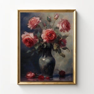Vintage Roses Still Life | Antique Oil Painting | Moody Wall Art | Floral Room Decor | Botanical Art Print | Digital Download | PRINTABLE