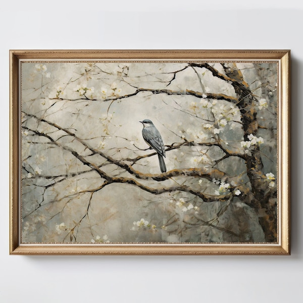 Bird In Blossoming Tree | Vintage Oil Painting | Victorian Wall Art | Spring Decor | Botanical Art Print | Digital Download | PRINTABLE