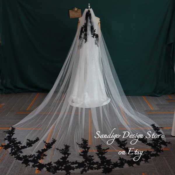 Gothic Black Floral Lace Wedding Veil,Sparkly Glitter Tulle Wedding Veil,Bridal Veil for Wedding,Edge Lace Wedding Veil, Lace Veil with Comb