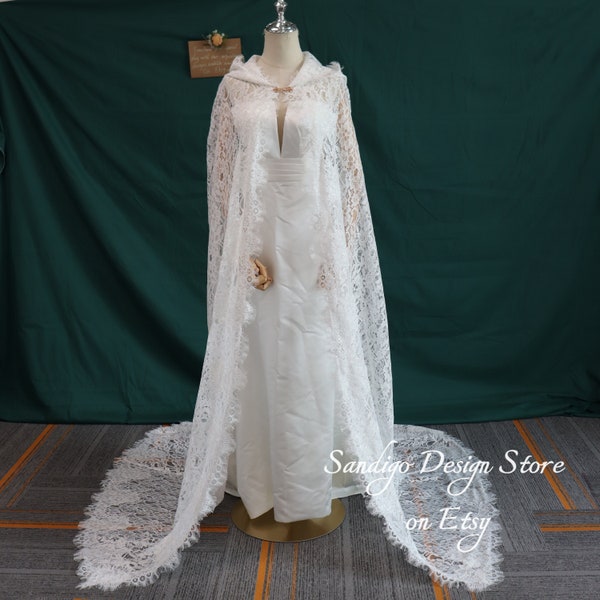 Vintage Ivory Wedding Cape,Floral Lace Bridal Cloak,Gothic Black Hood Cape,Hood Wedding Cape Veil,Lace Wedding Cape,Classic Hood Cape Veil