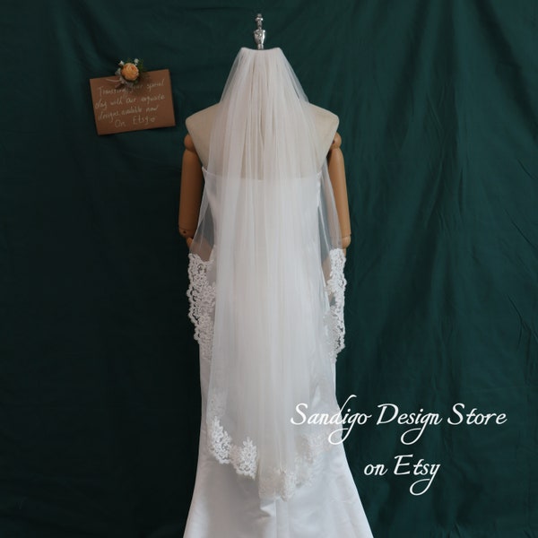 Elegant Edge Lace Wedding Veil,Single Tier Simple Floral Lace Bridal Veil,Tulle Wedding Veil,Bridal Veil for Wedding,Edge Lace Wedding Veil
