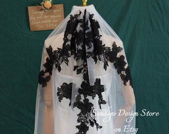Gothic Black Floral Lace Wedding Veil,Vintage Black Tulle Wedding Veil,Bridal Veil for Wedding,Edge Lace Wedding Veil, Lace Veil with Comb