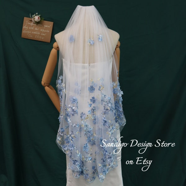 Ocean Wedding Veil,Blue Floral Wedding Veil,Pearls Bridal Veil for Ocean Wedding,Floral Lace Short Wedding Veil,Floral Lace Veil with Comb