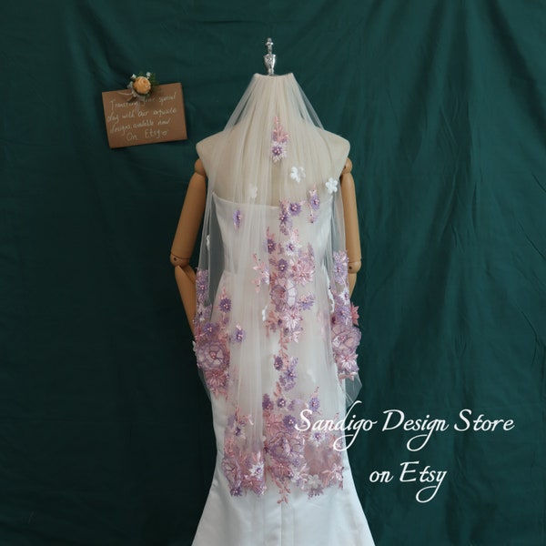 3D Purple&Pink Floral Lace Wedding Veil,Luxury Pearls Bridal Veil,Sequined Tulle Wedding Veil,Bridal Veil for Wedding,Edge Lace Wedding Veil