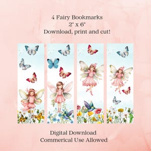 May include: Four printable bookmarks featuring fairies with wings, flowers, and butterflies. The bookmarks are 2 inches by 6 inches and are a digital download. Commercial use is allowed.
