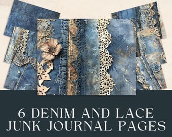 Denim and Lace Junk Journal, Commercial Use, Printable Download, Jeans, Lace, Shabby Chic, Instant Download, 6 pages
