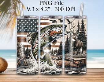 American Flag Trout Fishing Deer Camo Seamless Tumbler Wrap 20oz Skinny ...