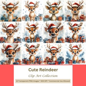 Quirky Reindeer Clipart, Watercolor. Funny Reindeer PNG, Christmas Reindeer PNG, Junk Journal Design, Funny Christmas Sublimation Bundle