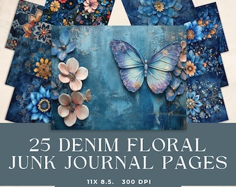 Denim  Floral Junk Journal, Commercial Use, Printable Download, Jeans, Shabby Chic, Instant Download, 25 pages, background pages