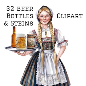 May include: A woman in a traditional German dirndl dress holds a tray with a beer bottle, a stein, and a glass of beer. The text "32 BEER BOTTLES & STEINS" and "CLIPART" is visible in the image.