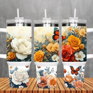 Boho Flowers 40 oz Tumbler Wrap, Butterfly 40 oz Tumbler PNG, Floral 40oz Sublimation Tumbler Design, 40oz Tumbler Template, Vintage Floral