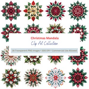 Raccolta di mandala natalizi di 16 mandala floreali PNG clipart, sfondo trasparente per scrapbooking o decorazione, uso commerciale