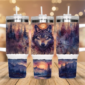 Grey Wolf 40oz Tumbler Wrap Design, 40 ounce quencher handle cup sublimation png, 40 oz Boho Moon Tumbler Design File, Instant Download