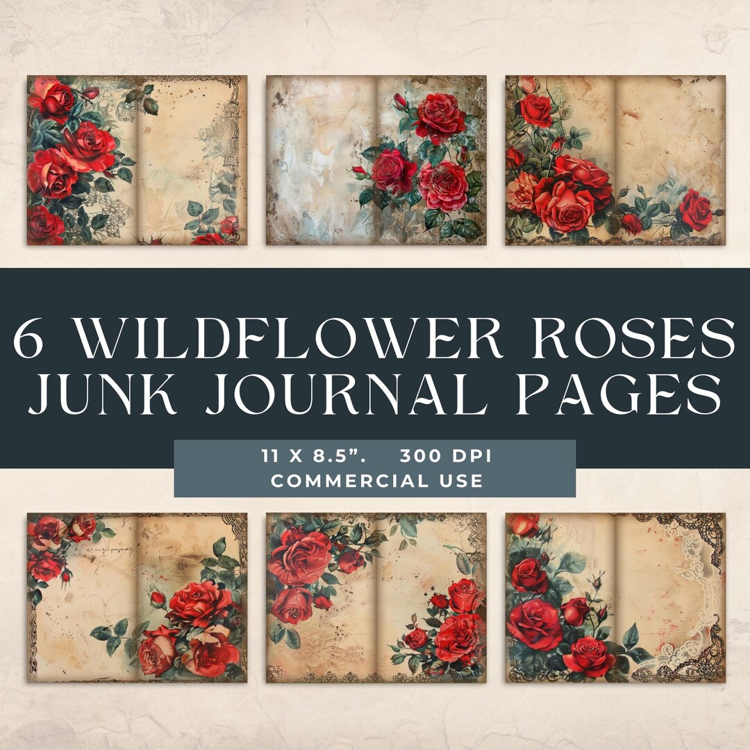 Red Roses and Wildflowers Junk Journal, Commercial Use, Printable ...