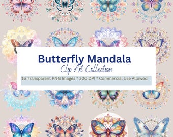 Butterfly Mandala Collection of 16 floral mandala PNG clipart, transparent background for scrapbooking, or decoration, commercial use