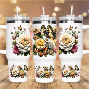Boho Flowers 40 oz Tumbler Wrap, Butterfly 40 oz Tumbler PNG, Floral 40oz Sublimation Tumbler Design, 40oz Tumbler Template, Vintage Floral