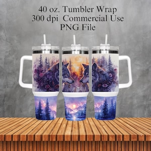 Grey Wolves 40oz Tumbler Wrap Design, 40 ounce quencher handle cup sublimation png, 40 oz Boho Moon Tumbler Design File, Instant Download