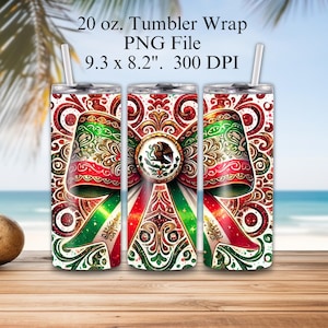 Mexikanische Sublimationsbecher Design, Mexikanische Flagge Kokette Bogen 20 Unzen Tumbler Wrap PNG, Mexiko Flagge Art Latein PNG, Skinny Tumbler Download