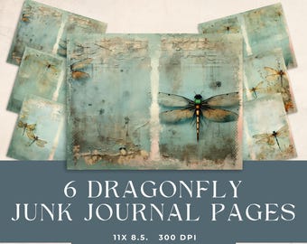 Dragonfly Vintage Junk Journal Kit, Ephemera, Printable Folio Template, Digital Collage, Shabby Chic Scrapbooking Pages, 6 Journal Pages
