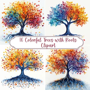 Watercolor Tree with Roots Clipart, Forest Tree Scrapbooking Clipart, Family Tree PNG Bundle, Nature Seasonal Tree Sublimation Png Designs