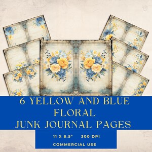 Yellow and Blues Rose Junk Journal Pages | Shabby Chic Journal | Digital Download | Yellow and Blue | Junk Journal | Vintage Junk Journal