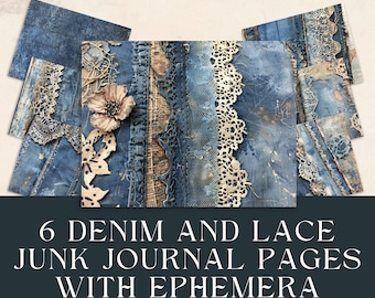 Denim and Lace Junk Journal ephemera, Commercial Use, Ephemera, Printable Download, Jeans, Lace, Shabby Chic, Instant Download, 6 pagesf