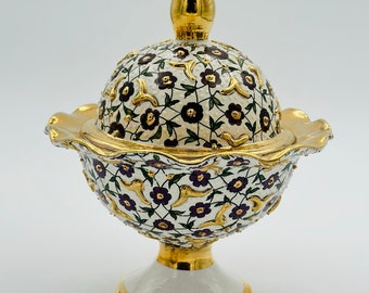 12kt Gold,Decorative Handmade Lidded Candy Box Handpainted Footed Jewellery or Sugar Bowl for Halloween, New Home Buyer